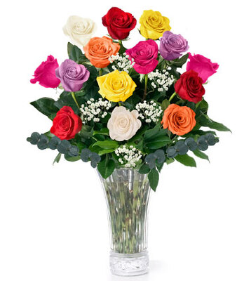 12 LS Assorted Color Roses -vases will vary*