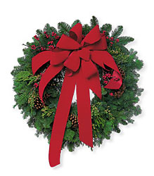 Wreath with Red Velvet Bow In Waterford Michigan Jacobsen's Flowers